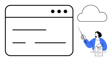 Bir belge ve işaretleyici kullanarak veriyi açıklayan adam, tarayıcı penceresi ve bulut grafiği ile karşı karşıya. Bulut hesaplama, web sunuculuğu, çevrimiçi öğrenme, teknoloji sunumu, eğitim, depolama çözümleri için ideal