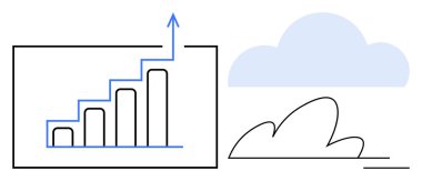 Yükselen seviyeli çizelge ve yukarı bakan ok, bulut şeklinin yanında. İlerleme, başarı, veri analizi, iş büyümesi, gelecek planlama, yenilik sürdürülebilirliği için ideal. Temiz düz metafor