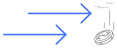 Hareket halindeki bir madeni parayı işaret eden iki mavi ok yönü, finansal ilerlemeyi ve kararları sembolize ediyor. Finans, yatırım, strateji, tasarruf, işlem ekonomisi için ideal
