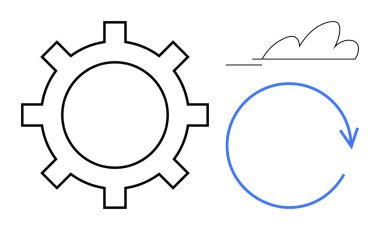 Dişlileri sembolize etme mekanizması, bulut bağlantıyı tasvir etme ve süreç veya döngüyü gösteren dairesel ok. Takım çalışması, ilerleme, otomasyon, veri, yenilik, bulut hesaplama basitliği için ideal