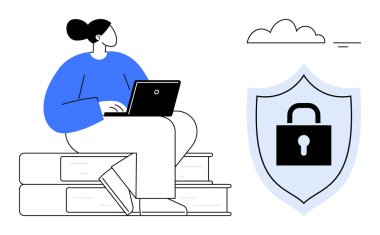 Siber güvenlik kavramı. Bilgisayarda çalışan bir kadın çevrimiçi güvenlik ve koruma. Siber güvenlik önlemleri ve güvenli veri işleme sistemli kalkan. IT, eğitim, dijital farkındalık ve veri için ideal