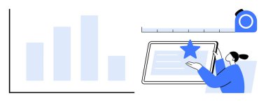 Çubuk çizelge, ölçüm cetveli, yıldız göstergesi içeren tabletle etkileşen kişi. Analiz, ilerleme izleme, kalite kontrolü, metrik görselleştirme, kullanıcı geribildirimi, performans için ideal