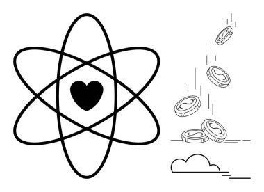 Düşen madeni paraların yanında atomik yörüngeyle kaplanan kalp enerji, sevgi ve refah kavramlarını ön plana çıkarır. Bilim, finans, etik, yenilik, ilişkiler, hayırseverlik için idealdir.
