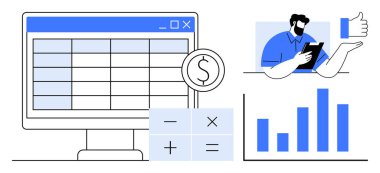 Hesap tablosu, hesap makinesi, para birimi simgesi tablet kullanan kişi ve bar tablosu olan bilgisayar ekranı. Muhasebe, finans, veri analizi, bütçe başarısı takım çalışması ve basit bir daire için ideal