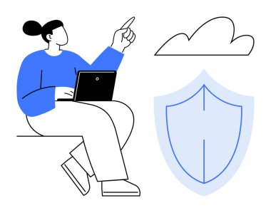 Dizüstü bilgisayarda çalışan bir kadın kalkanın yanındaki bulutu işaret ediyor. Bulut hesaplama, veri güvenliği, dijital koruma, teknolojik yenilik, çevrimiçi mahremiyet, siber güvenlik çözümleri, basit düz