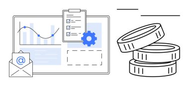 Bozuk para, dişli, e-posta ve kontrol listesi simgelerinin yer aldığı grafikler ve grafikler analiz, iş büyümesi ve verileri temsil etmektedir. Finans, planlama, üretkenlik pazarlama ekonomisi için ideal iş akışı basit düz