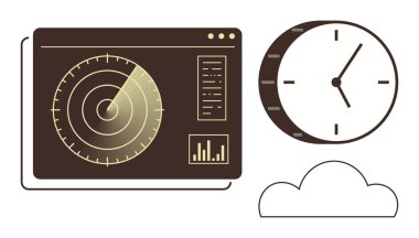 Analitik, analog saat ve bulut çizgisi olan radar paneli izleme verileri. Zaman yönetimi, izleme, teknoloji, zamanlama, seyir tahmini analizi için idealdir. Basit düz metafor
