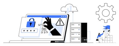 Bilgisayardaki anahtarları kilit, uyarı simgesi, sunucu, bulut ve teçhizatla çalmaya çalışmak. Siber güvenlik, hack önleme, veri koruması, sunucu güvenliği güvenlik riski için ideal