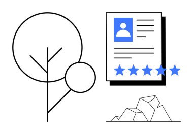 Soyut ağaç, profil ve beş yıldızlı belge, kavramsal illüstrasyon olarak geometrik şekiller. Sürdürülebilirlik, müşteri değerlendirmeleri, kalite, doğa, çevre dostu markalaşma için ideal