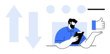 Elinde dosya tutan bir adam verileri değerlendiriyor. Geniş yönlü oklar ve baş parmaklar gelişim, geribildirim, seçim. Değerlendirme, karar verme, iş akışı, performans değerlendirmesi, takım çalışması için ideal