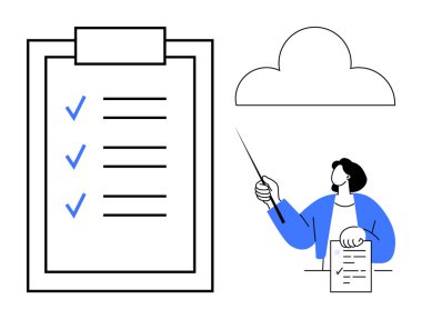 Tamamlanmış listeli büyük bir pano, tek tek tutulan belgeler ve bir buluta işaret eden. Üretim, organizasyon, görev yönetimi, bulut depolama, hedefler, planlama, iş akışı için ideal