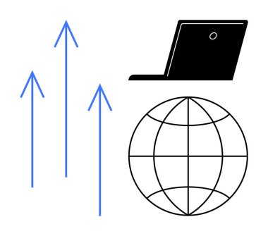 Yukarı doğru oklu dizüstü bilgisayar ve küresel bağlantıyı, büyümeyi ve teknolojiyi temsil eden bir küre. İş, yenilik, internet, küreselleşme, ilerleme verileri ve sürdürülebilirlik için idealdir. Basit.