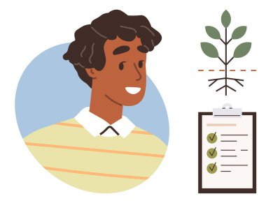 Kendine güvenen kişi, bitkilerin kökleri, yaprakları ve işaretli görevlerle birlikte sırıtıyor. Kişisel büyüme, başarı planlaması, kalkınma, kişisel gelişim, hedef belirleme, eğitim için ideal