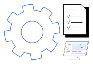 Dişlileri sembolize etme süreci, organizasyon için kontrol listesi ve teknoloji için bilgisayar ekranı. İş akışı yönetimi, üretkenlik, otomasyon, görev planlaması, dijital strateji, organizasyon için ideal