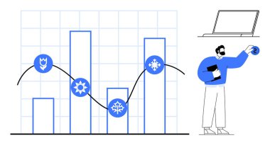 Mevsimsel eğilimleri gösteren hava durumu simgelerinin yer aldığı bar tablosu, veri, dizüstü bilgisayar ve belgeyi analiz eden bir kişi. Araştırma, analitik, hava durumu, tahmin, iş planlaması eğitimi için ideal