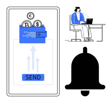 Dijital ödeme sistemi. Para birimi sembolleriyle akıllı telefon arayüzü para transferi, bir masada online destek ajanı ve bir uyarı çanı simgesi. Fintech, e-ticaret uygulamaları, müşteri hizmetleri...