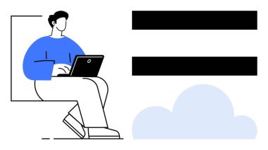 Person sitting with laptop, cloud shape, and equal sign. Ideal for technology, cloud computing, equality, work, digital transformation minimalism education. Simple flat metaphor