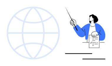 Person holding document and pointing with stick beside globe outline. Ideal for education, presentation, globalization, communication, strategy, business training, teamwork. Simple flat metaphor