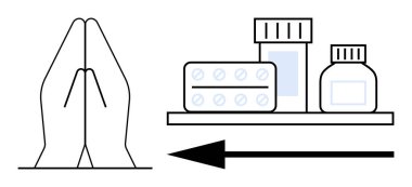 Healthcare focus. Visualizing healthcare with medicine bottles and prayer hands, holistic wellness. Healthcare integrates spirituality and modern treatment. For wellness, pharmaceutical, faith