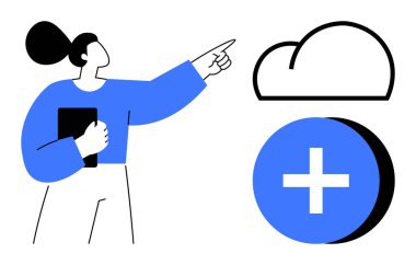 Cloud storage concept. A woman points at a digital cloud with an add symbol, cloud storage solutions, online collaboration, and data sharing. Ideal for technology, innovation, digital transformation