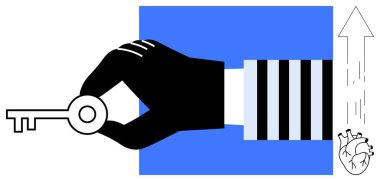 Black hand holds key, arrow indicates upward growth, and human heart represents emotions. Ideal for success, potential, opportunity, emotion, achievement unlocking personal growth. Simple flat