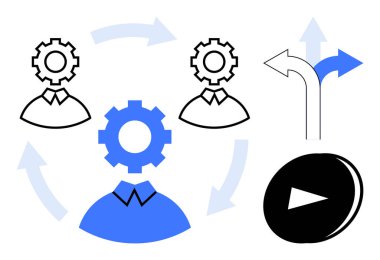Three figures with gear heads linked by arrows, depicting collaboration and workflow. Blue and black gears with arrows and directional signs highlight decision-making, strategy building. Ideal