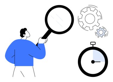 Man holds magnifying glass near gears and stopwatch, symbolizing precision, efficiency, problem-solving, innovation, productivity, process optimization, and analytical thinking. A simple flat