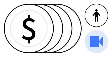 Stacked coins with dollar sign, user icon, and video meeting icon suggest financial planning, online collaboration, and communication. Ideal for business, finance, technology, teamwork investment