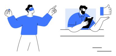 Two coworkers in minimal style, one gesturing actively, another reviewing a tablet, with thumbs-up approval. Ideal for teamwork, leadership, communication, collaboration, motivation productivity