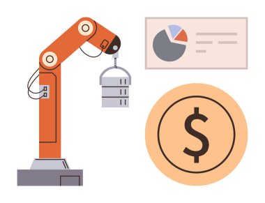 Robotic arm lifting object, pie chart, and dollar icon. Ideal for automation, manufacturing, financial growth, technology, robotics industry and cost management themes. A simple flat metaphor