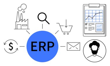 ERP system links factory, analytics, shopping cart, dollar sign, search, letter, user. Ideal for business automation, data management analytics resource planning decision-making operations