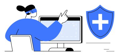 A person wearing VR goggles interacts with a computer screen, with a shield featuring a healthcare cross. Ideal for healthcare tech, virtual reality, innovation, safety, digital learning, security