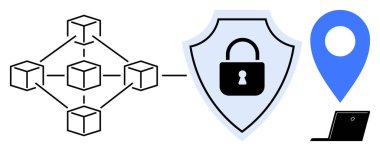 Blockchain diagram connected to security shield, geolocation pin, and laptop. Ideal for cybersecurity, blockchain, data encryption, secure transactions, location tracking, technology remote access