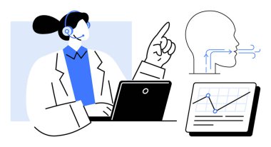 Medical specialist with headset at laptop, analyzing data while focusing on speech therapy. Ideal for telemedicine, speech research, health education, technology, data recording, digital assistance