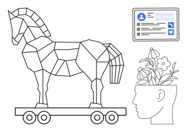 Geometric Trojan horse on wheels, online profile page, and a human head with blooming flowers. Ideal for cybersecurity, innovation, privacy, creativity, psychology strategy technology. Simple flat
