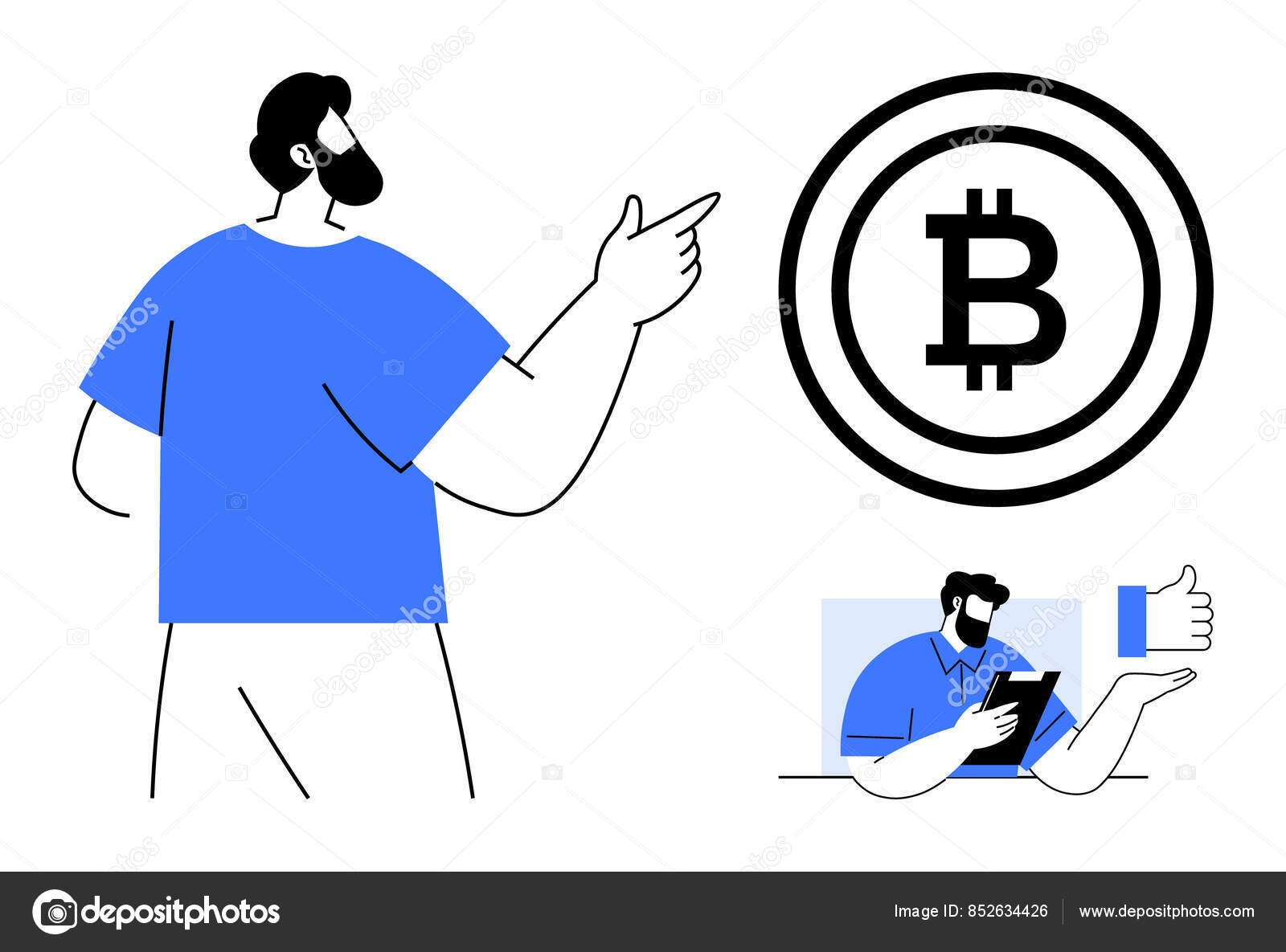 Man Pointing Bitcoin Logo Tablet User Showing Approval Thumbs Ideal Stock  Vector by ©robuart 852634426