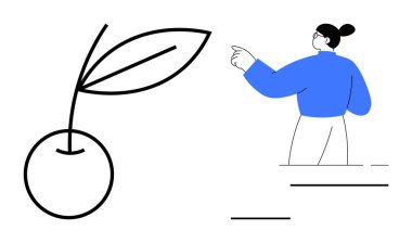 A cherry with two leaves and a person in a blue top pointing forward. Ideal for nature, growth, leadership, direction, minimalism, healthy living, creative design. Simple flat metaphor