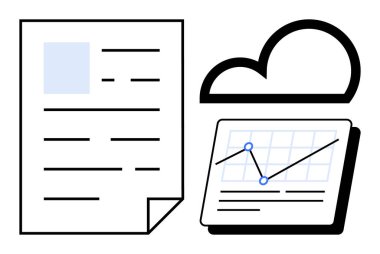 Data report with chart linked to a cloud icon. Ideal for analytics, cloud storage, data sharing, technology, teamwork, business, presentation. Flat and simple flat metaphor