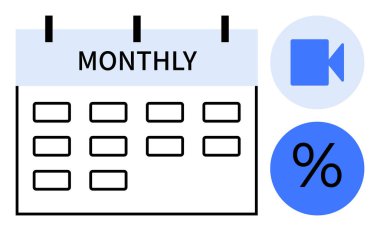 Calendar grid labeled Monthly with video call symbol and percentage icon. Ideal for planning, scheduling, organization, productivity, communication, finance, education. Simple flat metaphor