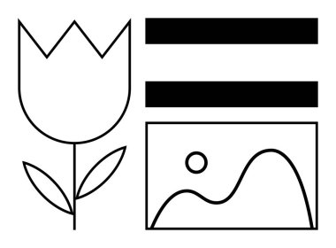 Tulip outline paired with parallel horizontal lines and a geometrical landscape. Ideal for nature, balance, simplicity, minimalism, art concepts, graphic design, modern visuals. Simple flat metaphor
