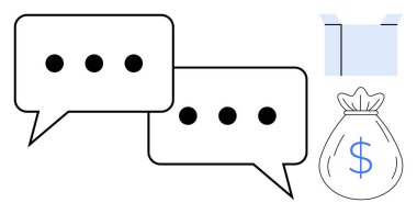 Two chat bubbles symbolizing dialogue, next to a money bag with a dollar sign and an open box. Ideal for business, communication, feedback, ecommerce, finance, innovation strategy. Simple flat