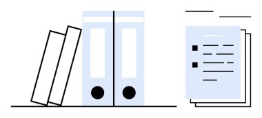 Arranged files, books leaning on ring binders, and a stack of documents. Ideal for organization, office setup, education, business, filing systems knowledge sharing productivity. Simple flat