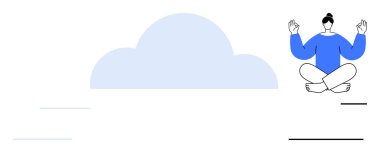 Meditation practitioner sitting cross-legged, practicing mindful breathing near a cloud. Ideal for relaxation, mindfulness, wellness, balance, mental health, tranquility and positivity. Simple flat