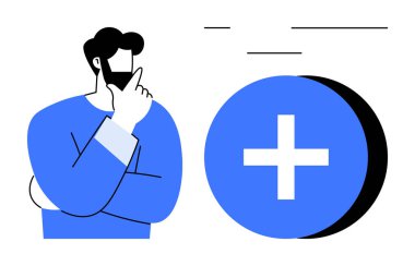 Growth concept. A man thoughtfully observes a large plus sign growth. Growth positivity, expansion, and development. Great for business, strategy, concepts, progress innovation