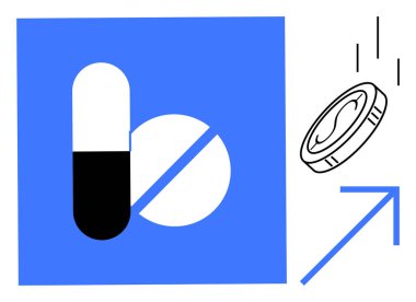 Pill, bisected tablet, coin falling alongside upward arrow. Ideal for medicine, healthcare costs, pharmaceutical industry, investment, economic growth, financial strategy simple flat metaphor