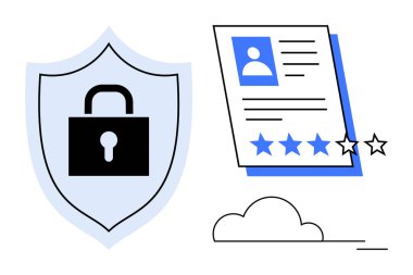 Shield with lock representing data security, star-rated profile suggesting user feedback and trust, and cloud symbolizing digital storage. Ideal for cybersecurity, trust, user experience, online