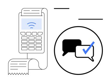 POS terminal with receipt, wireless signal, and a circle with chat bubbles and checkmark. Ideal for fintech, payment security, transaction confirmation, customer service, digital communication