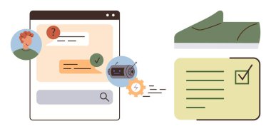 Chat box with user queries and responses, icons of automation settings, completed checklist, and a shoe. Ideal for customer service, e-commerce, product personalization, automation, retail solutions