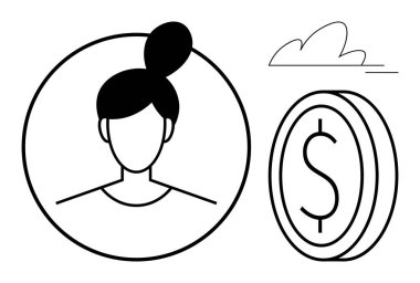 Female avatar in circle next to dollar coin and minimalist cloud design. Ideal for finance, business, money management, savings, economic decisions, career planning, simple flat metaphor