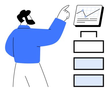 Professional reviewing graph with trendline while pointing at stacked checklist. Ideal for analytics, planning, strategy, growth, project management, organization, workflow. Simple flat metaphor